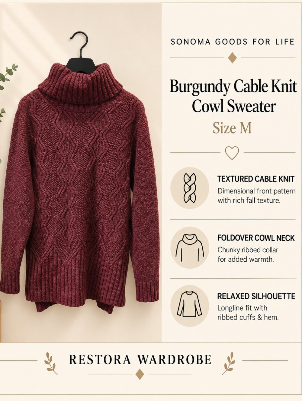 Sonoma Goods for Life Cowl Neck Sweater Burgundy Cable Knit Dark Academia M